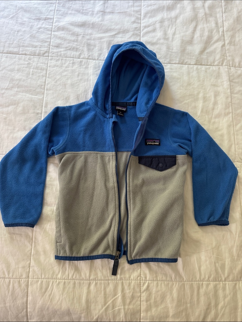 Patagonia Kids Blue and Gray Hooded Fleece Jacket